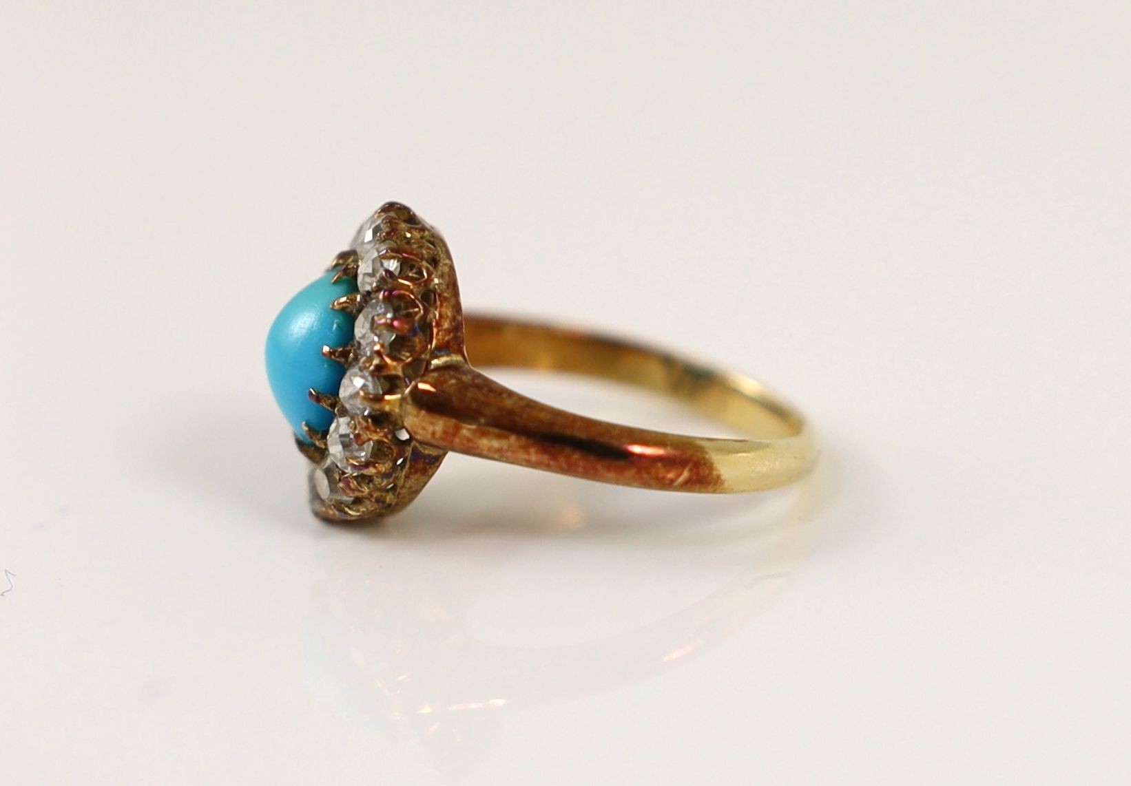A late Victorian 18ct gold, turquoise and diamond set oval cluster ring